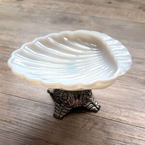 Vintage Milk Glass Shell Dish Pedestal Soap Dish Coastal Cottage Jewelry Trinket